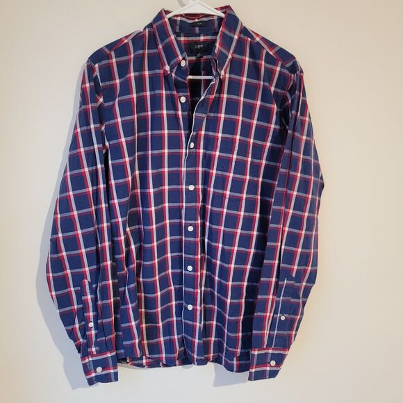 J Crew Mens Button Down Shirt Size Medium M Red Plaid Business Casual Slim Fit - Picture 1 of 8